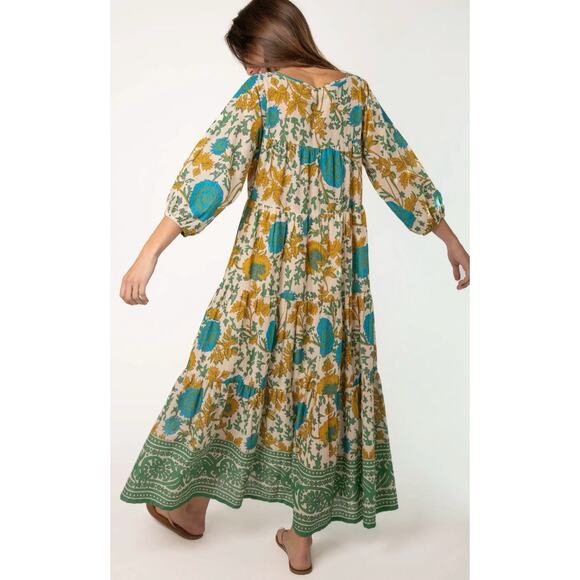 NATURAL LIFE Auguste Cream Green Border 100% Cotton Boho Maxi Dress Sz M - Picture 3 of 16